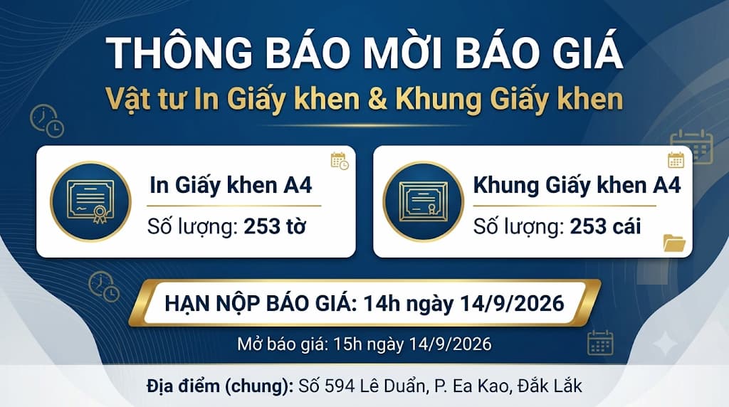 Mời báo giá vật tư in giấy khen và khung giấy khen năm học 2025-2026 (Số 859/TB-CĐĐL)